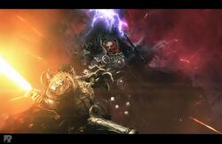  2boys armor armored_boots artist_logo artist_name bald battle black_armor black_border black_hair boots border breastplate cape chaos_(warhammer) charging_forward clawed_gauntlets commentary emperor's_sword_(warhammer) emperor_of_mankind energy english_commentary eyes_of_horus_(warhammer_40k) father_and_child father_and_son fire full_armor full_body gauntlets glowing glowing_eyes gold_armor gold_trim gorget greaves holding holding_mace holding_sword holding_weapon horus_lupercal imperium_of_man lightning logo long_hair mace multiple_boys ornate_armor parent_and_child pauldrons pelt power_armor primarch red_cape red_eyes red_theme richard_bagnall shoulder_armor spiked_armor spiked_mace spikes standing sword terminator_armor warhammer_40k weapon wolf_pelt worldbreaker_(warhammer_40k) 