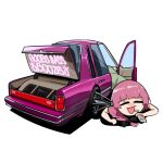  1girl absurdres black_bow blush bocchi_the_rock! bow chibi dress drinking_straw english_commentary green_dress hair_bow highres hiroi_kikuri holding holeecrab lincoln_(company) lincoln_town_car long_hair lowrider nose_blush open_mouth pink_hair simple_background smile solo vehicle_focus white_background 