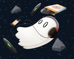  0_0 1other 2020 2d ambiguous_gender bitten_food black_background cd cd_case cellphone commentary digital_media english_commentary farhanmelukis floating floating_object food ghost headphones highres napstablook other_focus phone sandwich sheet_ghost smartphone solo space_background star_(sky) starry_sky_background undertale utdr_(toby_fox) wire 