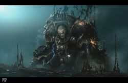  1boy armor artist_logo artist_name bald battle_damage black_armor black_border black_liquid blue_theme border breastplate chaos_(warhammer) commentary energy english_commentary eyes_of_horus_(warhammer_40k) full_armor glowing glowing_eyes gold_trim gorget horus_lupercal kneeling lightning logo ornate_armor pauldrons pelt power_armor primarch red_eyes richard_bagnall severed_arm severed_limb shoulder_armor slit_pupils sparks spiked_armor spikes storm_bolter terminator_armor warhammer_40k wolf_pelt 
