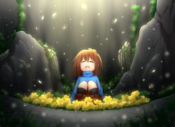  1other 2020 2d ambiguous_gender ankle_boots black_socks blue_shorts blue_sweater boots broken_pillar brown_boots brown_hair cave child commentary digital_media double_horizontal_stripe english_commentary farhanmelukis flower frisk_(undertale) highres horizontal-striped_clothes human knees_up light_particles long_sleeves open_mouth other_focus pillar pink_stripes rock short_hair shorts sitting socks solo spotlight striped_clothes striped_sweater sweater two-tone_sweater undertale utdr_(toby_fox) yellow_flower 