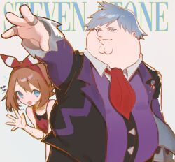  1boy 1girl absurdres ascot bandana black_jacket blue_eyes brown_hair character_name cleft_chin closed_mouth commentary cosplay family_guy fat fat_man grey_eyes grey_hair highres jacket jewelry kowai_(iamkowai) looking_at_viewer may_(pokemon) multicolored_jacket open_mouth peter_griffin pokemon purple_jacket purple_shirt red_ascot red_bandana ring shirt spiky_hair steven_stone steven_stone_(cosplay) two-tone_jacket 