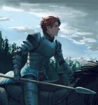  1boy absurdres armor blue_sky clouds commentary english_commentary fire_emblem fire_emblem:_three_houses from_side gauntlets highres holding holding_polearm holding_weapon horse horseback_riding koffo-art male_focus polearm profile redhead riding saddle sky smile solo spear sylvain_jose_gautier tree weapon 