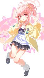  1girl :o absurdres ahoge artist_name black_shoes black_skirt blue_archive chinese_commentary commentary_request full_body hair_bun hair_flaps hair_intakes halo highres jacket leg_warmers loafers looking_at_viewer miniskirt natsu_(band)_(blue_archive) natsu_(blue_archive) nori6272210 official_alternate_costume open_clothes open_jacket outline parted_lips pink_hair pink_halo print_shirt red_eyes shirt shoes short_hair_with_long_locks sidelocks skirt solo t-shirt v white_leg_warmers white_outline white_shirt yellow_jacket 