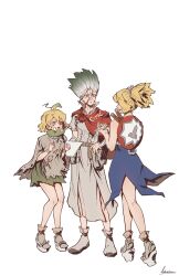  1boy 2girls blonde_hair cracked_skin dr._stone e=mc2_(equation) equation high_ponytail highres ishigami_senkuu kohaku_(dr._stone) lutaerian multiple_girls ponytail rope rope_around_waist rope_belt spiky_hair split_ponytail suika_(dr._stone) tall_hair white_rope 