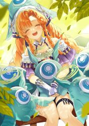  1girl :d asymmetrical_gloves bare_shoulders body_markings braid braided_sidelocks closed_eyes commentary_request facing_viewer feet_out_of_frame fingerless_gloves gloves highres jacket kuramoto_beta-carotene long_hair open_mouth orange_hair pointy_ears purple_jacket sidelocks sigrika_(wuthering_waves) sitting smile soliskin_(wuthering_waves) solo uneven_gloves white_gloves wuthering_waves 