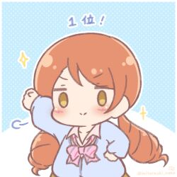  >:) 1girl blue_background blue_cardigan blush bow brown_eyes brown_hair cardigan chibi closed_mouth collared_shirt commentary_request diagonal-striped_bow drill_hair hand_on_own_hip hojo_karen idolmaster idolmaster_cinderella_girls long_sleeves low_twintails mitarashi_neko pink_bow pink_shirt polka_dot polka_dot_background puffy_long_sleeves puffy_sleeves shirt smile solo sparkle striped_bow translation_request twin_drills twintails two-tone_background v-shaped_eyebrows white_background 