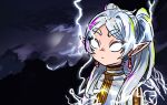  1girl capelet clouds earrings elf frieren glowing glowing_eyes grey_hair highres jewelry kimjdav lightning long_hair meme pointy_ears solo sousou_no_frieren twintails white_capelet you_should_kill_yourself_now_(meme) 
