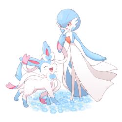  1other alternate_color blue_flower blue_hair blush closed_eyes colored_skin fangs flower full_body gardevoir highres monaka_(hc_pkmn) open_mouth pokemon pokemon_(creature) pokemon_focus red_eyes ribbon shiny_pokemon short_hair smile sylveon white_fur white_skin 