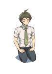  1boy absurdres ahoge badge black_pants breast_pocket brown_hair collared_shirt danganronpa_(series) danganronpa_2:_goodbye_despair green_necktie grey_background grey_shirt half-closed_eyes hands_on_own_legs highres hinata_hajime male_focus necktie pants pocket seiza shirt short_hair short_sleeves simple_background sitting solo youko-shima 