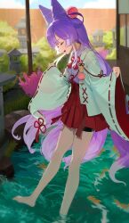  1girl absurdres barefoot bike_shorts bike_shorts_under_skirt blue_shirt blunt_sidelocks bow bowtie closed_eyes collared_shirt commentary cone_hair_bun day double_bun fang fox_girl fox_tail from_side full_body hair_bun hair_ornament hair_rings hakama hakama_skirt highres japanese_clothes kosode long_hair long_sleeves miniskirt multicolored_hair nontraditional_miko open_mouth outdoors pokoto15477 pom_pom_(clothes) pom_pom_hair_ornament purple_hair purple_tail red_bow red_bowtie red_skirt shirt shrine sidelocks sideways_mouth skirt smile solo stellive stone_lantern straight_hair streaked_hair tail tenko_shibuki very_long_hair virtual_youtuber wading water wide_sleeves 