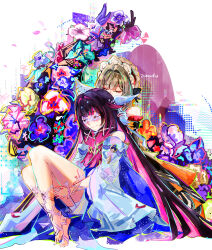  2girls absurdres bonnet closed_eyes columbina_(genshin_impact) eye_mask fatui_coat genshin_impact hair_ornament head_wings highres kiss mask multiple_girls sandrone_(genshin_impact) see-through_clothes see-through_mask white_headdress white_mask wing_hair_ornament wings x-shaped_eyewear yuri zahauku 