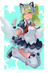  1girl animal_ear_hairband animal_ears aqua_background bag bell black_dress blush border cat_ear_hairband cat_ears commentary_request dress fake_animal_ears full_body ghost_hair_ornament green_eyes green_hair hair_ornament hairband looking_at_viewer maid maid_headdress multiple_hair_clips neck_bell official_alternate_costume open_mouth red_bag solo star_(symbol) sungjun7287 sunna_(afternoon_tea_break)_(zenless_zone_zero) sunna_(zenless_zone_zero) triangle_hair_ornament two-tone_background white_border white_wings winged_bag wings zenless_zone_zero 