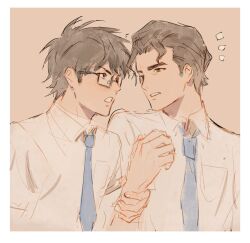  1boy ace_of_diamond black-framed_eyewear blue_necktie border brown_background brown_hair collared_shirt commentary_request eureka292270 glasses green_eyes highres holding_another's_arm male_focus miyuki_kazuya necktie notice_lines rectangular_eyewear shirt short_hair simple_background solo takigawa_chris_yuu teeth white_border white_shirt 