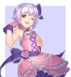  1girl blush bow breasts brown_eyes dress frilled_dress frills gloves hair_bow hand_on_own_hip highres idolmaster idolmaster_cinderella_girls koshimizu_sachiko looking_at_viewer one_eye_closed open_mouth pink_dress pink_gloves purple_bow purple_hair sho_bu_1116 short_hair simple_background sleeveless sleeveless_dress small_breasts solo two-tone_background 