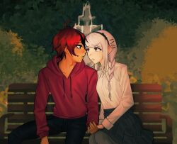  1boy 1girl ahoge alternate_costume bench black_skirt blush braid bush commentary couple english_commentary fountain hair_ornament hairclip headband hetero highres holding holding_hands hood hoodie kirifuji_nozomi mole multiple_hair_clips nozotakkun on_bench open_mouth park park_bench red_hair red_hoodie shirt skirt sumino_takumi tan the_hundred_line_-last_defense_academy- violet_eyes white_hair white_shirt 