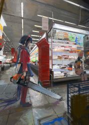  1girl absurdres blue_eyes blue_hair blue_skirt chainsaw commentary highres holding holding_chainsaw indoors koukouya long_hair looking_at_another looking_at_viewer miside mita_(miside) pleated_skirt red_eyes red_thighhighs robot saw shelf shoes skirt supermarket thigh-highs 