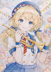  1girl balloon beret blonde_hair blue_bow blue_eyes blue_hat blue_ribbon blue_skirt blue_sky blue_wrist_cuffs bow braid breasts buttons closed_mouth clouds collared_shirt commentary_request confetti double-breasted fingernails flower frilled_wrist_cuffs frills hair_bow hands_up hat hat_bow highres holding holding_instrument holding_trumpet instrument lapels long_hair low_twin_braids mochimochi_829 multicolored_bow multicolored_ribbon nail_polish notched_lapels original pennant pink_flower pink_nails red_ribbon ribbon shirt shirt_tucked_in short_sleeves skirt sky small_breasts smile solo striped_bow striped_ribbon trumpet twin_braids twitter_username upper_body white_shirt wrist_cuffs 