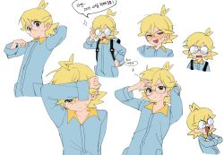  1boy absurdres adjusting_eyewear ahoge backpack bag blonde_hair blue_eyes blue_jumpsuit blush clemont_(pokemon) closed_mouth commentary_request glasses grey_bag highres jumpsuit korean_commentary korean_text long_sleeves looking_at_viewer male_focus medium_hair multiple_views opaque_glasses pokemon pokemon_x_and_y pokesudal round_eyewear simple_background speech_bubble sweatdrop translation_request white_background 