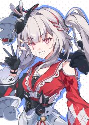  1girl absurdres bare_shoulders black_gloves blunt_bangs braid breasts butterfly-shaped_pupils commentary_request dress facial_mark gloves grey_hair grin hand_up hat heart heart_facial_mark highres honkai:_star_rail honkai_(series) long_hair looking_at_viewer medium_breasts mini_hat mini_top_hat nochyon pink_eyes polka_dot polka_dot_background side_braids simple_background smile solo sparkle_(honkai:_star_rail) sparxie_(honkai:_star_rail) symbol-shaped_pupils top_hat twintails upper_body v 