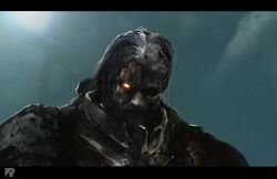  1boy armor artist_logo artist_name battle_damage black_armor black_border black_hair blood blood_on_face blue_theme border breastplate burn_scar burnt cape commentary dagger emperor_of_mankind english_commentary father_and_child father_and_son flayed_skin full_armor full_body gauntlets glowing glowing_eye glowing_eyes gold_armor gold_trim gorget greaves holding holding_dagger holding_knife holding_weapon imperial_aquila imperium_of_man knife logo long_hair missing_eye ornate_armor parent_and_child pauldrons power_armor primarch red_cape red_eyes richard_bagnall scar shoulder_armor spiked_armor spikes standing terminator_armor warhammer_40k weapon white_hair yellow_eyes 