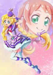  1girl :d absurdres aqua_eyes arm_up blonde_hair blue_eyes blush bow bow_earrings braid bright_pupils brooch capelet chest_bow clenched_hand closed_mouth colorful_background commentary cure_friendy deerstalker doraemon12012 dress dress_bow dual_persona earrings frilled_wrist_cuffs frills full_body gradient_background hair_bow hat heart heart_brooch highres index_finger_raised inukai_iroha jewelry knee_up layered_dress light_particles long_hair looking_at_viewer low-tied_long_hair low_twin_braids magical_girl medium_dress mini_hat multicolored_bow multiple_views open_mouth orange_hair pact_holder petticoat pink_background pink_bow pleated_dress pouch precure purple_background purple_bow purple_capelet purple_dress purple_hat purple_shoes purple_wrist_cuffs shoes short_hair_with_long_locks sleeveless sleeveless_dress smile sparkle_background striped_bow teeth thigh-highs three-toned_background tilted_headwear twin_braids upper_teeth_only very_long_hair white_thighhighs wonderful_precure! wrist_cuffs yellow_background yellow_pupils 
