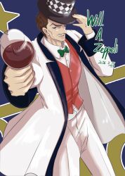  1boy 46ao02 alcohol argyle_clothes argyle_hat bow bowtie brown_hair character_name coat collared_shirt commentary commentary_request cup dated drinking_glass facial_hair green_bow green_bowtie hat hat_tip highres holding holding_cup jojo_no_kimyou_na_bouken long_coat male_focus mustache pants phantom_blood red_vest shirt solo top_hat vest waistcoat white_coat white_pants white_shirt will_anthonio_zeppeli wine wine_glass 