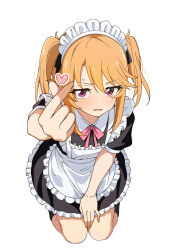  1girl absurdres apron arm_up black_dress blush commentary dress enmaided finger_heart foreshortening frilled_apron frills highres idolmaster idolmaster_cinderella_girls looking_at_viewer luilui_0525 maid maid_apron maid_headdress neck_ribbon orange_hair petticoat pink_ribbon puffy_short_sleeves puffy_sleeves ribbon seiza short_sleeves sidelocks simple_background sitting solo sweatdrop twintails white_apron white_background yuuki_haru 