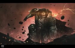  1boy armor artist_logo artist_name black_border border breastplate commentary debris embers emperor_of_mankind energy english_commentary full_armor full_body glowing glowing_eyes gold_armor imperial_aquila imperium_of_man kneeling lightning logo long_hair looking_at_viewer ornate_armor pauldrons power_armor red_theme richard_bagnall shoulder_armor warhammer_40k yellow_eyes 