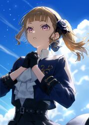  1girl absurdres ascot black_gloves blue_flower blue_jacket blue_rose blue_sky brown_hair center-flap_bangs clouds collared_shirt commentary_request compass_(love_live!) day enu_illustip flower flower_hairband gloves hair_flower hair_ornament highres interlocked_fingers jacket kachimachi_kosuzu link!_like!_love_live! long_hair looking_ahead love_live! open_clothes open_jacket outdoors own_hands_clasped own_hands_together parted_lips rose shirt side_ponytail sky solo upper_body violet_eyes virtual_youtuber white_ascot white_shirt 