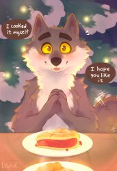 1boy albert_(intermache_unloved) animal_ears artist_name blush brown_fur christmas_tree commentary english_text fangs food furry furry_male highres intermache_unloved lisyrnik looking_at_viewer pie pie_slice plate pov solo speech_bubble tail two-tone_fur untranslatable_commentary wolf_boy wolf_ears wolf_tail yellow_eyes 
