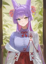  1girl absurdres ahoge aqua_eyes arms_at_sides blue_shirt blunt_sidelocks blush bow bowtie choker closed_mouth collared_shirt commentary cone_hair_bun double_bun hair_bun hair_intakes hair_ornament hair_rings hakama hakama_skirt hanser heterochromia high-waist_skirt highres japanese_clothes kosode long_hair long_sleeves nontraditional_miko orange_eyes plant pom_pom_(clothes) pom_pom_hair_ornament purple_hair red_bow red_bowtie red_skirt shirt sidelocks skirt solo standing stellive straight_hair tenko_shibuki upper_body virtual_youtuber wing_collar 