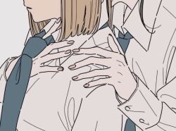  2girls blue_necktie brown_hair collared_shirt commentary_request dress_shirt eyes_out_of_frame hand_on_another's_shoulder head_out_of_frame kamatama_rom long_sleeves multiple_girls necktie original parted_lips shirt short_hair simple_background white_background white_shirt yuri 