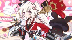 1girl :p black_gloves braid breasts chinese_commentary chromatic_aberration commentary_request gloves hat highres holding holding_sword holding_weapon honkai:_star_rail honkai_(series) leaning_forward long_hair looking_at_viewer multicolored_hair pink_eyes rabbit red_hair solo sparkle_(honkai:_star_rail) sparxie_(honkai:_star_rail) streaked_hair sword tongue tongue_out twintails very_long_hair violet_eyes weapon white_hair xiaohutu 