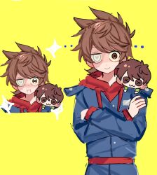  1boy :d animification antenna_hair blue_coat brown_eyes brown_hair burn_scar character_doll coat commentary crossed_arms doll drawstring edd_(eddsworld) eddsworld flipped_hair hair_ears heart heart-shaped_pupils heterochromia highres hood hood_down hoodie long_sleeves looking_at_viewer male_focus military_coat military_uniform multiple_views plain_epaulettes red_hoodie red_leader_(eddsworld) scar short_hair simple_background sketch smile solo_focus sparkle symbol-shaped_pupils tord_(eddsworld) untranslatable_commentary upper_body white_eyes yellow_background yunian77 