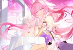 1girl absurdres annnnq bare_legs bare_shoulders birthday black_shorts cake closed_mouth cup earrings elysia_(herrscher_of_human:ego)_(honkai_impact) elysia_(honkai_impact) food gloves hand_on_own_chin highres holding holding_cup honkai_(series) honkai_impact_3rd jewelry long_hair mihoyo outdoors pink_eyes pink_hair pink_sky pink_theme pointy_ears shorts sitting smile solo teacup teapot tree white_gloves