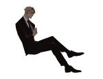  1boy black_footwear black_jacket black_necktie black_pants black_suit blonde_hair collared_shirt eyepatch full_body highres inoji_73 jacket jujutsu_kaisen long_sleeves looking_at_viewer nanami_kento necktie pants shirt short_hair sitting solo suit white_background white_shirt 