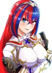  1girl absurdres alear_(female)_(fire_emblem) alear_(fire_emblem) blue_eyes blue_hair blush crossed_bangs fire_emblem fire_emblem_engage hair_between_eyes heterochromia highres looking_at_viewer multicolored_hair open_mouth red_eyes redhead smile solo split-color_hair tiara to_(tototo_tk) two-tone_hair white_background 