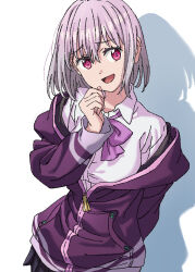  1girl black_skirt bow bowtie breasts collared_shirt commentary drop_shadow gridman_universe hand_up jacket large_breasts long_sleeves looking_to_the_side open_mouth partially_unzipped pleated_skirt purple_bow purple_bowtie purple_hair purple_jacket red_eyes school_uniform shinjou_akane shirt short_hair skirt smile solo ssss.gridman tokoyasinaka white_background white_shirt 