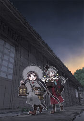  2girls bag basket black_hair blue_eyes blush boots bow brown_boots button_dress capelet commentary_request dress dusk eight-pointed_star floral_print_coat full_body gahourin_(taisho_kitan_majo) grey_capelet grey_dress grey_hair hair_bow hakama hakama_skirt hat holding holding_basket holding_lantern japanese_clothes kimono lace-up_boots lantern large_hat long_hair long_sidelocks meiji_schoolgirl_uniform multiple_girls official_art open_mouth outdoors outline red_hakama shoulder_bag sidelocks skirt sky smile star_(sky) starry_sky striped_clothes striped_kimono taisho_kitan_majo taishou twintails usami_miki very_long_hair walking white_outline wide_sleeves witch witch_hat yomai_(taisho_kitan_majo) 