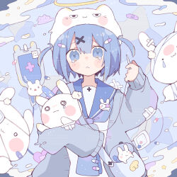  1girl animal blue_background blue_eyes blue_hair blue_sailor_collar blush cardigan closed_mouth commentary_request dot_nose double-parted_bangs grey_cardigan hair_between_eyes hat highres hinase01 holding holding_needle long_sleeves needle open_cardigan open_clothes original rabbit sailor_collar school_uniform serafuku sewing short_hair solo tears two_side_up upper_body white_hat 