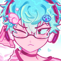  1boy :< alien_stage arm_warmers blue_hair commentary english_commentary glasses green_eyes hair_ornament hand_on_headphones headphones highres looking_to_the_side male_focus one_eye_closed pink_shirt portrait shirt short_hair solo star_(symbol) star_hair_ornament till_(alien_stage) tsujummi very_short_hair white_arm_warmers 