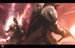  2boys armor armored_boots artist_logo artist_name bald battle black_armor black_border black_hair boots border breastplate cape chaos_(warhammer) charging_forward clawed_gauntlets commentary debris emperor's_sword_(warhammer) emperor_of_mankind energy english_commentary eyes_of_horus_(warhammer_40k) father_and_child father_and_son fire full_armor full_body gauntlets glowing glowing_eyes gold_armor gold_trim gorget greaves holding holding_mace holding_sword holding_weapon horus_lupercal imperium_of_man lightning logo long_hair mace multiple_boys ornate_armor parent_and_child pauldrons pelt power_armor primarch red_cape red_eyes red_theme richard_bagnall shoulder_armor spiked_armor spiked_mace spikes standing sword terminator_armor warhammer_40k weapon wolf_pelt worldbreaker_(warhammer_40k) 