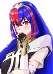  1girl absurdres alear_(female)_(fire_emblem) alear_(fire_emblem) blue_eyes blue_hair blush closed_mouth crossed_bangs fingerless_gloves fire_emblem fire_emblem_engage gloves heterochromia highres long_hair looking_at_viewer multicolored_hair red_eyes redhead solo split-color_hair tiara to_(tototo_tk) white_background 