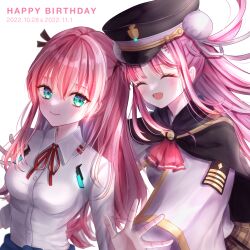  2girls absurdres aikawa_megumi ameshi0227 black_capelet capelet closed_eyes closed_mouth commentary_request green_eyes hair_bun hair_ribbon hair_tie happy_birthday heaven_burns_red highres kunimi_tama long_hair military_rank_insignia multiple_girls neck_ribbon open_mouth pink_hair red_ribbon ribbon shirt upper_body white_ribbon white_shirt 