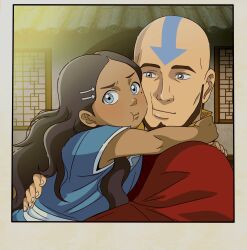  aang absurdres arrow_(symbol) arrow_tattoo avatar_legends bald beard blue_tattoo chandllucky child commentary english_commentary facial_hair father_and_child father_and_daughter forehead_tattoo full_beard head_tattoo highres hug kya_(legend_of_korra) parent_and_child tattoo the_legend_of_korra 