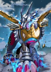  armor blue_armor blue_fire claws commentary_request cyborg digimon digimon_(creature) digimon_adventure fangs fire highres mechanical_wings metalgarurumon open_mouth red_eyes sawa_d sharp_teeth shoulder_cannon teeth wings wireframe wolf yellow_armor 