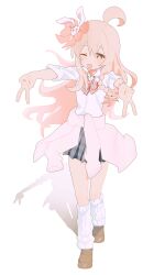  1girl ;d absurdres ahoge aru_(purepur8) black_skirt bow bowtie bracelet braid brown_shoes cardigan cardigan_around_waist clothes_around_waist commentary double_gyaru_v floating_hair full_body gyaru gyaru_v hair_bow hair_ornament highres jewelry kogal loafers long_hair looking_at_viewer loose_bowtie loose_socks one_eye_closed onii-chan_wa_oshimai! oyama_mahiro pink_cardigan pink_hair plaid_clothes plaid_skirt pleated_skirt rabbit_hair_ornament red_bow red_bowtie school_uniform shadow shirt shoes simple_background single_braid skirt smile socks solo straight_hair v very_long_hair white_background white_shirt white_socks 