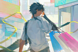 1boy absurdres adjusting_eyewear arknights bag blue_hair commentary from_behind glasses highres looking_to_the_side male_focus official_alternate_costume profile shirt shopping_bag single_sleeve solo t-shirt thorns_(arknights) thorns_(comodo)_(arknights) upper_body white_shirt yellow_eyes you_yeyou0904 