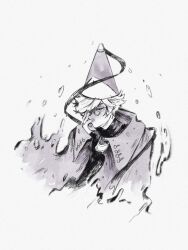  1boy cloak commentary cropped_torso greyscale hand_on_own_face hat highres koguma_echappe long_sleeves male_focus monochrome one_eye_covered parted_bangs pince-nez qifrey_(tongari_boushi_no_atelier) shirt short_hair simple_background solo tongari_boushi_no_atelier white_background 